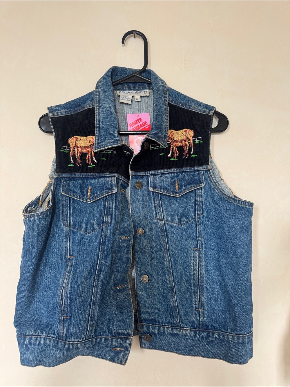 Vintage Women's Blue Denim Vest with Black Embroidered Horses
